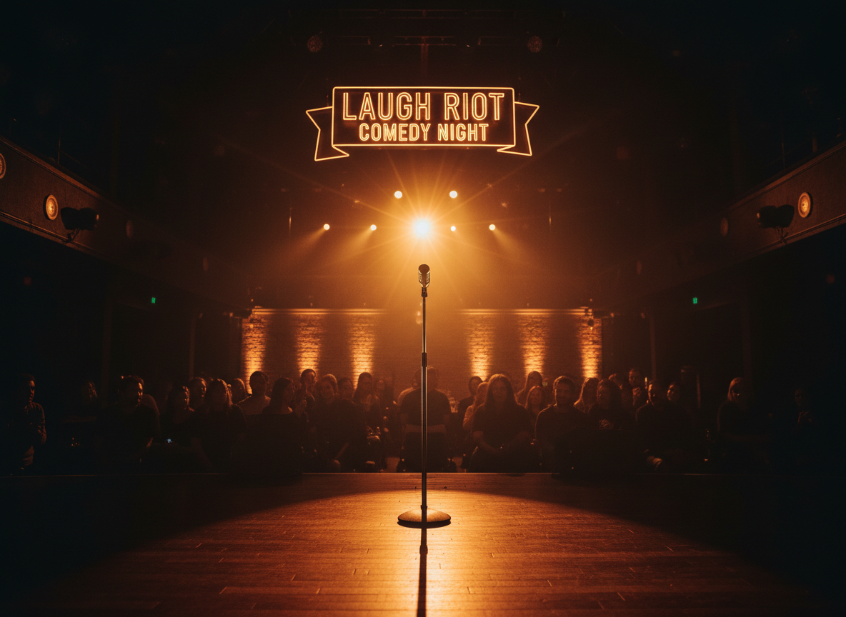 Comedy stage with spotlight on microphone stand