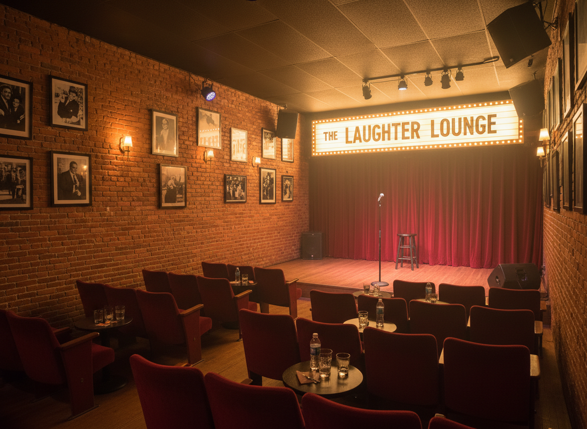 Interior of a classic comedy club with stage and audience seating